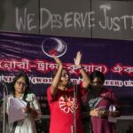 Women protestors raising slogans demanding justice and safety after the Durgapur assault.