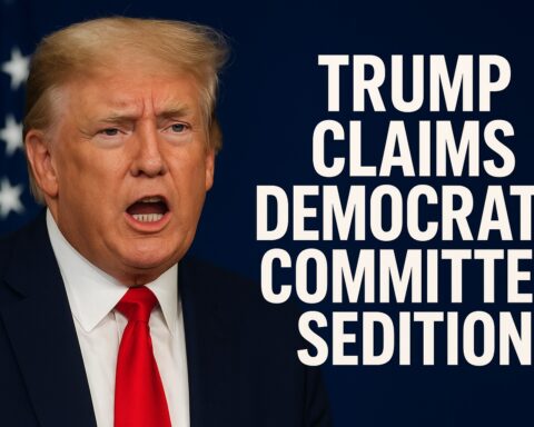 Image of Donald Trump speaking with an intense expression during a press event, used in coverage of his accusation that Democrats committed sedition