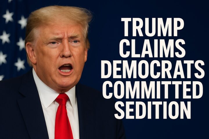 Image of Donald Trump speaking with an intense expression during a press event, used in coverage of his accusation that Democrats committed sedition