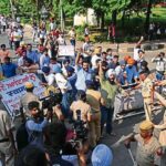 students protesting at panjab university campus over the no protest affidavit in chandigarh.