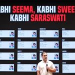 Rahul Gandhi addressing a press conference during the "H files" campaign on alleged fake voters in Haryana.