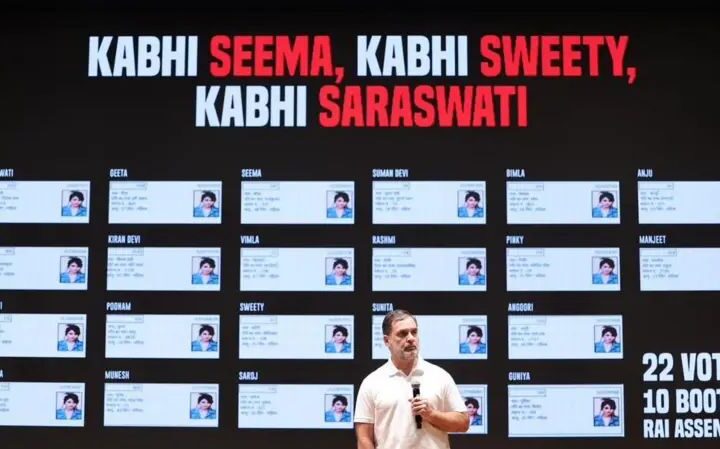 Rahul Gandhi addressing a press conference during the "H files" campaign on alleged fake voters in Haryana.