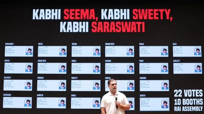 Rahul Gandhi addressing a press conference during the "H files" campaign on alleged fake voters in Haryana.