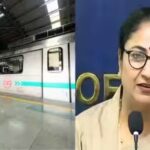 Delhi Metro train at a station platform alongside a photo of Rekha Gupta speaking at a press conference